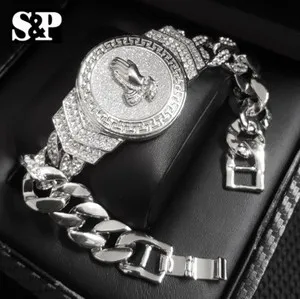 Authentic Hip Hop White Gold Plated 8.5" CZ Full Iced Praying Hands Cuban Bracelet