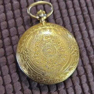 Authentic Maestron Quartz Full Hunter Pocket Watch Gold Plated Gold Dial Date Arabic