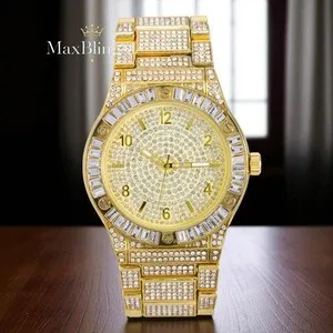 Authentic MEN'S WATCH FULL ICED GOLD PLATED BAGUETTE SIMULATED DIAMOND BLING HIP HOP