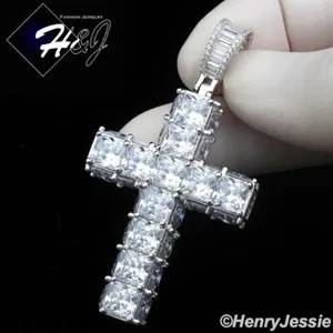 Authentic 925 STERLING SILVER FULL ICY BAGUETTE CZ GOLD PLATED/SILVER 3D CROSS PENDANT*445