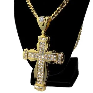 Authentic 18k Gold Plated Huge Flared Cross Full Iced Simulated CZ Jesus Hip Hop Chain 30"