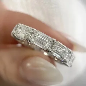 Authentic 3CT Emerald-Cut Moissanite Full Eternity Wedding Band Ring 14K White Gold Plated