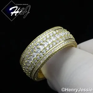 Authentic MEN 925 STERLING SILVER FULL ICY BLING CZ 10MM GOLD PLATED WEDDING RING*GR119