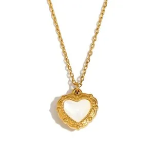 Authentic Gold Plated Heart Pendant Necklace With Simulated Shell Inlay