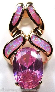 Authentic Rose Gold Plated 925 Sterling Silver Pink Fire Opal Inlay & Pink Topaz Pendant