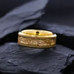 Authentic 8mm Yellow Gold Plated Tungsten Ring with Gold Flake Inlay