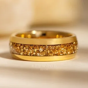 Authentic Gold Plated Tungsten Ring With Yellow Lab-Grown Citrine Inlay - 8MM