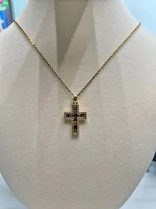 Authentic Cross Inlay Zircon 18K Gold Plated Pendant Necklace