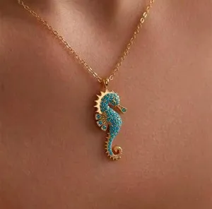 Authentic 18K Gold Plated Seahorse Pendant Necklace Zircon Inlay Women Jewelry