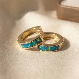 Authentic Dainty Blue Fire Opal Inlay Gold Plated Huggie Earrings