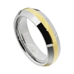 Authentic 6mm Gold Plated Stripe Inlay Bevel Edge Tungsten Carbide Men's Wedding Band