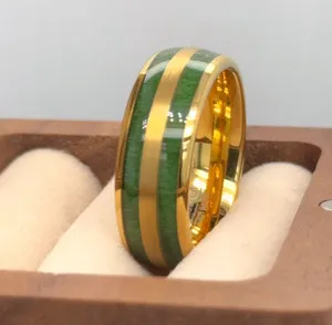 Authentic Green Jade wood Inlay Band Gold Plated Tungsten Wedding Ring Christmas Ring