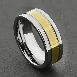 Authentic Tungsten Carbide Gold Plated Stripe Inlay Grooved Edge Ring Mens Wedding Band