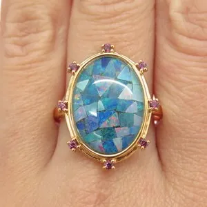 Authentic Mystic Opal Amethyst Ring - Sterling Silver Gold Plated Sacred Jewelry