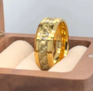 Authentic Gold Plated Tungsten Carbide Band Future Wife Ring Men Carbon Fiber Inlay Band