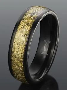 Authentic black tungsten ring with gold plated silk inlay