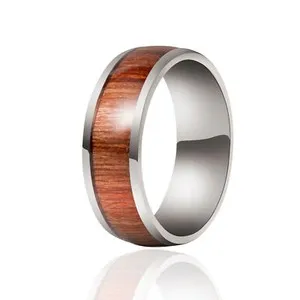 Authentic Wood Inlay White Gold-Plated Ring Wedding Band Tungsten Carbide Men' Jewelry