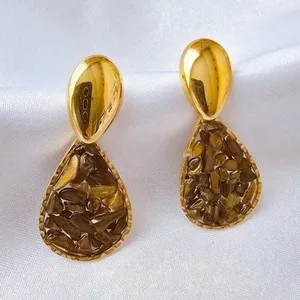 Authentic 18K Gold Plated Teardrop Dangle Earrings Natural Brown Stone Inlay Bezel Set