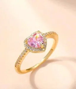 Authentic Gold-Plated Pink Heart-Shaped CZ Ring With White/Colorless Inlay Size 11
