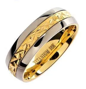 Authentic 18K Gold Plated Inlay Design Solid Titanium Dome Style Ring Band 7mm Width R108