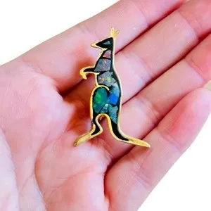 Authentic Australian Blue Fire Opal kangaroo Brooch Pin VTG Inlay Gold Plated Souvenir
