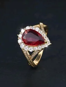 Authentic Gold-Plated Zinc Ring Red Teardrop-Shaped CZ With White/Colorless Inlay Size 6