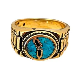 Authentic Vintage 1980s Ring Size 13 Castings On Parade Turquoise Inlay Gold Plated - 14W