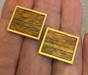Authentic Mid-Century Geometric Wood Inlay Gold-Plated Talisman Cufflinks