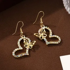 Authentic Hollow Butterfly Colorful CZ Inlay Heart Drop Earrings Gold Plated Party Earring