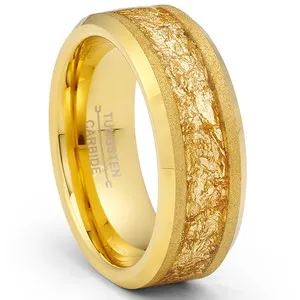 Authentic Gold Plated Tungsten Carbide Ring Mens Wedding Band Gold Nugget Flakes Inlay