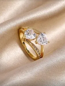 Authentic Gold-Plated Ring Size 9 White/Colorless Double Heart CZ Inlay