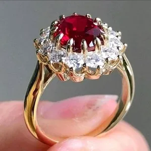 Authentic Gold-Plated Zinc Ring Red Oval CZ With White/Colorless Inlay Size 7
