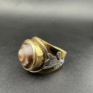 Authentic Natural Suleimani Vintage Agate Ring & Silver Gold Plated Inlay Flower