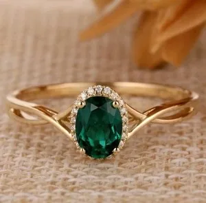 Authentic Gold-Plated Zinc Ring Green Oval CZ With White/Colorless Inlay Size 7