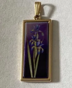 Authentic Purple Iris Flower Resin Inlay Rectangle Pendant Gold Plated Maine Artist Signed