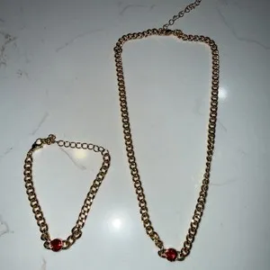 Authentic Matching Gold Plated Necklace and Bracelet with Faux Ruby Inlay