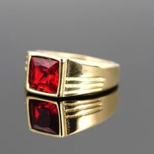 Authentic Square Red Zircon Inlay Gold Plated Wedding Ring Biker Jewelry