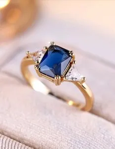 Authentic Gold-Plated Blue Square-Shaped CZ Ring With White/Colorless Inlay Size 7