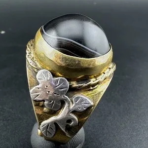 Authentic Natural Suleimani Vintage Agate Ring & Silver Gold Plated Inlay Flower Des