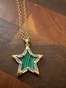 Authentic Gold-Plated Star Pendant Necklace with Green Inlay Handmade