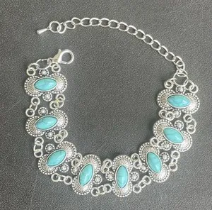 Authentic Green Turquoise Inlay Silver Bracelet Adjustable Boho Lightweight Gold Plated