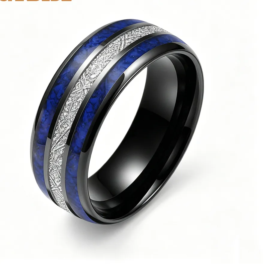 Authentic 6/8mm Lapis lazuli Meteorite Inlay Tungsten Wedding Band For Men Women Jewelry Domed Polished Comfort Fit