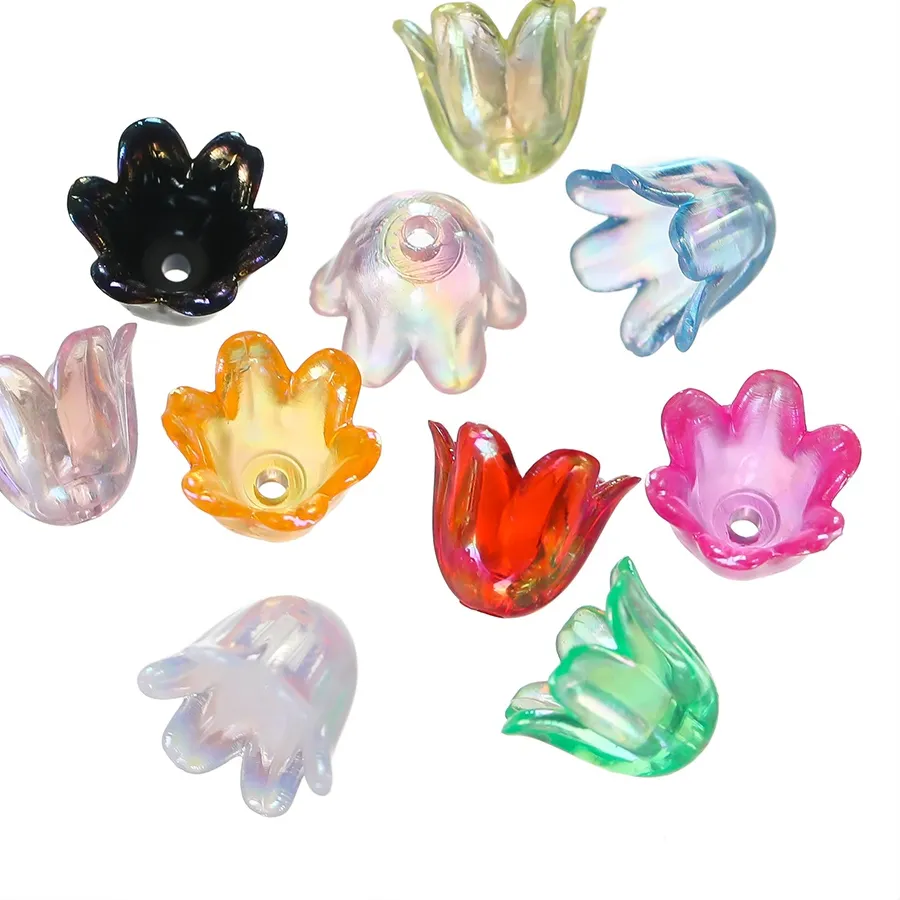 Authentic 50/100pcs/lot AB Colorful Lily Flowers Acrylic Bead Caps Bellflower Spacer Beads For DIY Bracelet Necklace Jewelry Making