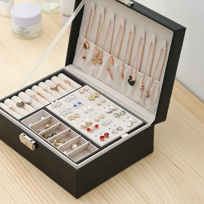 Authentic Double-Layer Velvet Jewelry Box High Capacity PU Leather Jewelry Storage Box Large Space Jewelry Holder Box Organizer