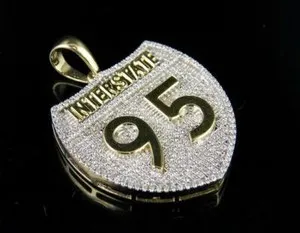 Authentic 2ct Cubic Zirconia mens 95 Interstate Sign Pendant Yellow Gold Plated Silver