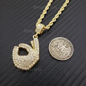 Authentic Hip Hop Gold Plated Cubic Zirconia OK Sign Emoji Pendant 24" Rope Chain Necklace