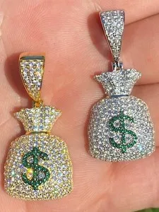 Authentic Solid 925 Silver Gold Plated Hip Hop Money Bag Emoji Pendant Iced Dollar Sign CZ