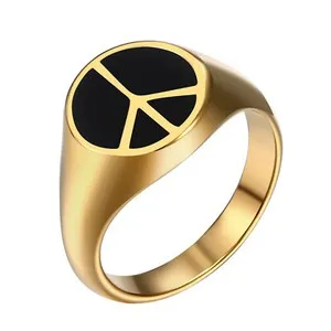 Authentic Men Gold Plated Signet Ring Peace Sign Symbol No War Hippie Band