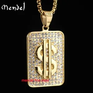 Authentic MENDEL Mens Gold Plated Hip Hop Dog Tag Bling Money Dollar Sign Pendant Necklace
