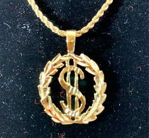 Authentic 14 KT GOLD PLATED 1.5 INCH DOLLAR SIGN CHARM 3517 W/20" 14KT GOLD PLATED ROPE